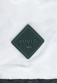 Levi's rubberen patch in donkergroen, diamantvorm met verticale strepen, met de merknaam, gestikt op een witte textuurstof.