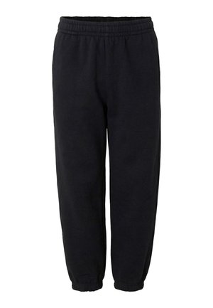 Pantalon de survêtement noir avec taille élastique et poignets élastiques, conçu pour une tenue décontractée et le confort.