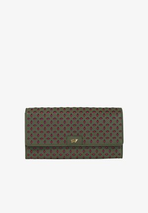 Portafoglio verde oliva con ritagli a forma di diamante che rivelano la fodera rosa, chiusura a patta e piccolo logo dorato a forma di cane al centro anteriore.