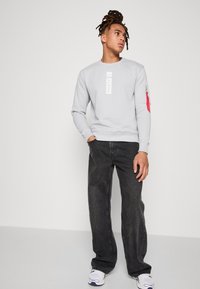 Felpa grigia chiara con logo verticale "ALPHA", maniche lunghe e una tasca con zip rossa sul braccio sinistro, abbinata a jeans neri larghi.