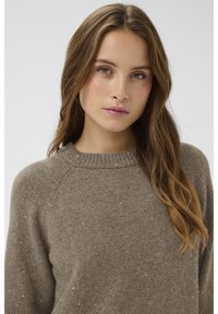 Egyszínű barna kötött pulóver bordázott, kerek nyakkivágással és finom csillogó részletekkel az egész felületen. Puha tapintású anyag és raglán ujjú kialakítás fokozza a kényelmet.