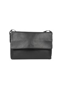 Borsa messenger in pelle nera con chiusura a pattina, texture liscia e branding sottile. Tracolla regolabile per un trasporto comodo.