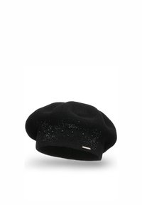 Beret negru din material moale, cu mărgele decorative negre și un pattern subtil de strălucire. Formă rotundă, cu o croială lejeră.