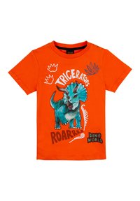T-shirt in cotone arancione con una grafica blu di un Triceratopo e il testo “TRICERATOPS ROAR” e “DINO WORLD”. Maniche corte, design con collo a giro.