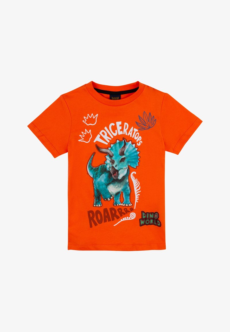 T-shirt in cotone arancione con una grafica blu di un Triceratopo e il testo “TRICERATOPS ROAR” e “DINO WORLD”. Maniche corte, design con collo a giro.