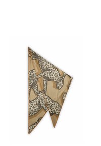 Écharpe triangle beige avec un imprimé léopard abstrait marron, ornée d'une bordure cousue orange et en tissu doux et léger.