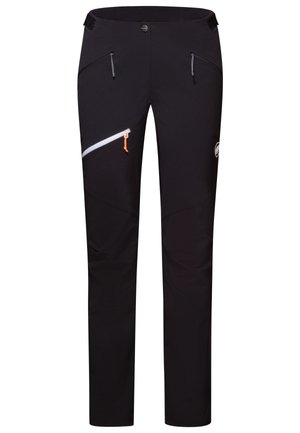 Black outdoor pants with two front zippers, an angled white zipper pocket, and orange accents. Made from a smooth, stretchy fabric.