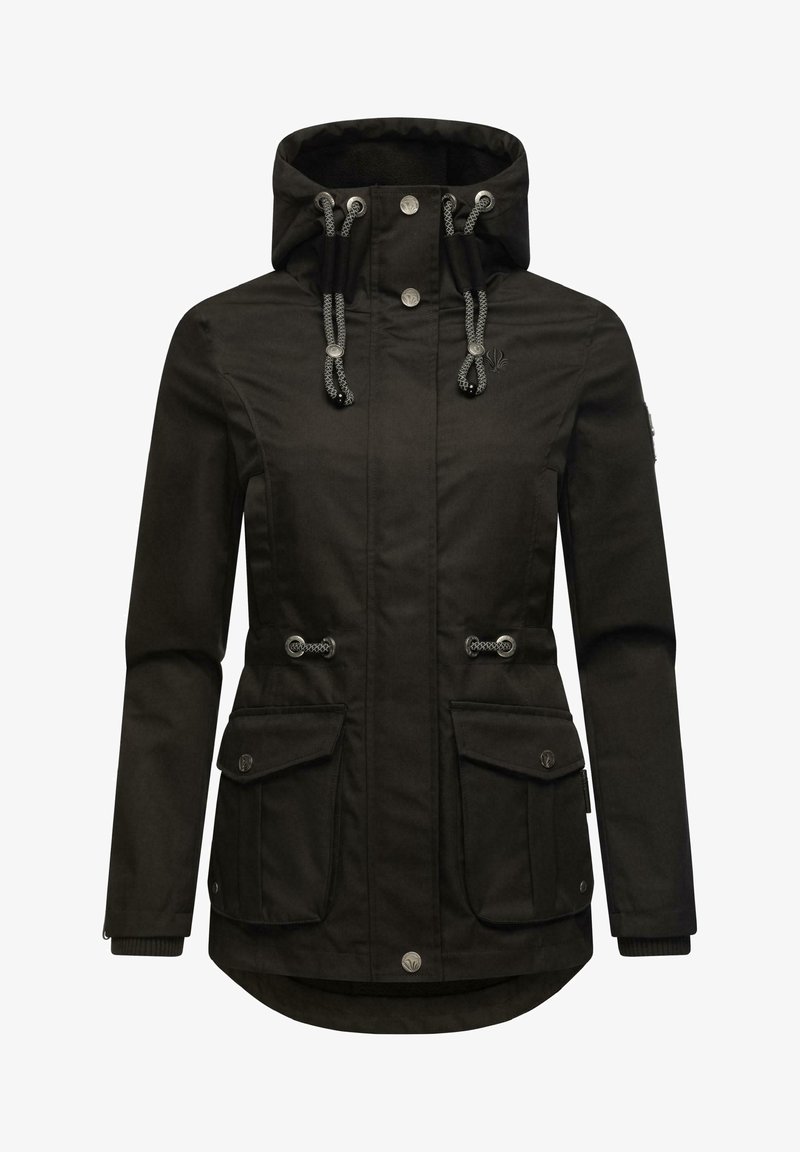 Veste noire à capuche avec cordons ajustables, fermeture avant par boutons et fermeture éclair, deux poches à rabat et poignets côtelés.