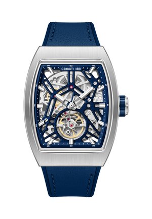 Blaue Lederband-Armbanduhr mit silbernem rechteckigem Gehäuse und sichtbarem skelettiertem mechanischem Uhrwerk im Zifferblatt.