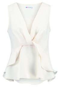 Hihaton norsunluunvärinen pusero, jossa syvä V-pääntie, kierretty etuosa ja kerroksellinen helma, jossa peplum-yksityiskohta. Valmistettu kevyestä kankaasta, jossa on sileä pinta.