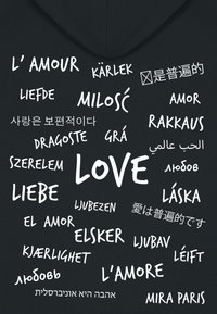 Black hoodie featuring "love" in various languages in white text, varying in size and style, with a prominent central word "LOVE."