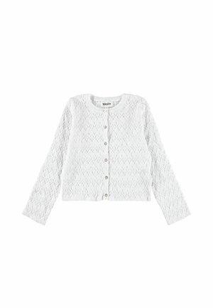 Biały dziergany kardigan z długim rękawem, okrągłym dekoltem i guzikami przypominającymi perły z przodu, z wzorem koronki w jodełkę.