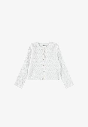 Cardigan blanc en maille à manches longues avec un col rond et des boutons imitation perles sur le devant, avec un motif en dentelle chevron.