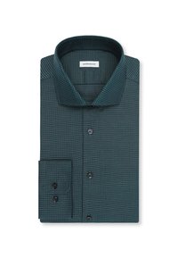 Donkergroene shirt met een getextureerd patroon, klassieke kraag en zwarte knoopsluitingen. Voorzien van enkele manchetten met bijpassende knoopdetails.