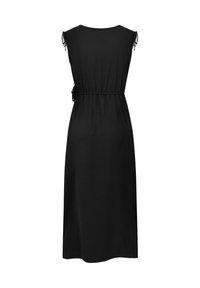Robe midi noire sans manches avec une taille cintrée et des détails noués aux épaules, vue de dos.