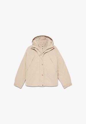 Beige wasserdichte Jacke mit Kapuze, Reißverschluss vorne und Druckknopfverschluss. Verfügt über schräge Taschen und einen lockeren Schnitt für zusätzlichen Komfort.