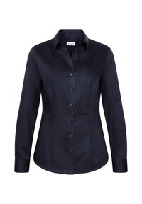 Chemise noire ajustée à manches longues avec boutons, col et poignets, cintrée pour une coupe slim.