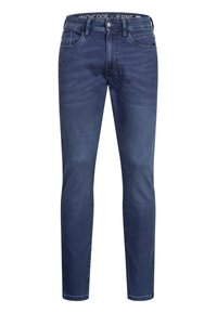 Mørkeblå jeans med smal passform. Laget av denim, med fem lommer, knappelukking og subtile falmingdetaljer over hele.
