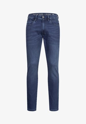 Donkere blauwe jeans met een slanke pasvorm. Gemaakt van denim, met vijf zakken, een knoopsluiting en subtiele vervaagde details over het geheel.