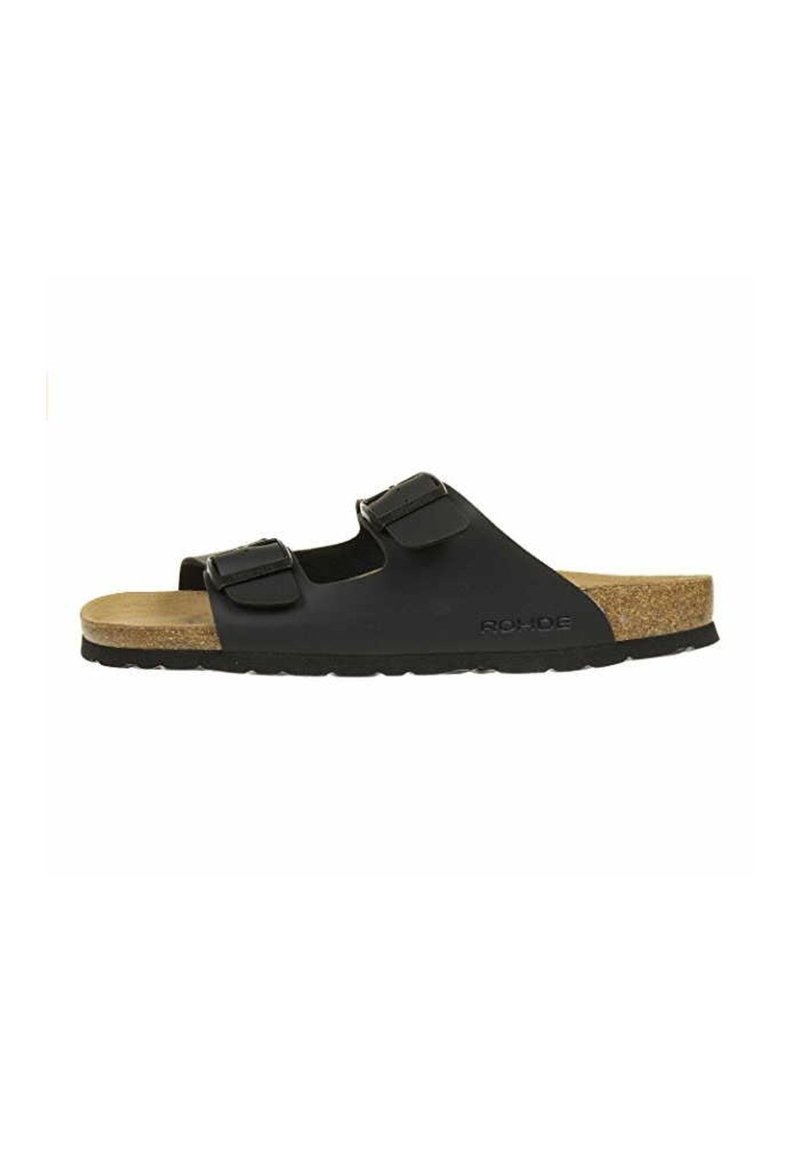 Sandal nero con due cinturini regolabili e una soletta in sughero. La suola esterna è textured con scanalature per una migliore aderenza.