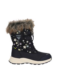 Zwarte sneeuwlaars met bontafwerking, sterrenpatroon, vetersluiting aan de voorkant en versterkte zool. Heeft een textielstof en een lichtgewicht ontwerp.