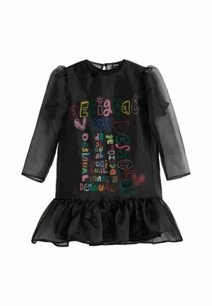 Vestito lungo nero trasparente a maniche lunghe con orlo arricciato e scritte colorate "Desigual" e motivi a cuore sulla parte anteriore.