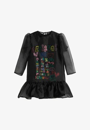 Fekete, áttetsző, hosszú ujjú ruha fodros szegéllyel, a ruhafronton színes "Desigual" felirattal és szív mintákkal.
