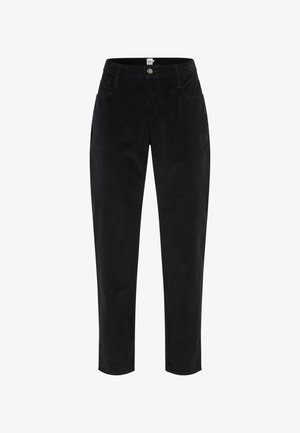 Zwarte corduroy broek met een rechte pijp, voorzien van een knoopsluiting, twee voorkruiden en een gestructureerd oppervlak.