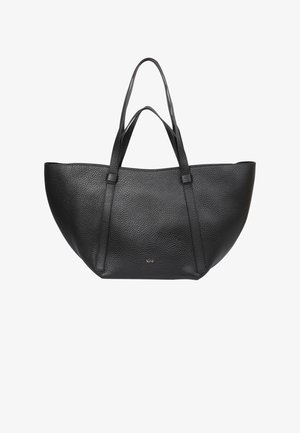 Black leather tote bag with a textured surface, curved shape, and two shoulder straps. Features a subtle logo in the center.