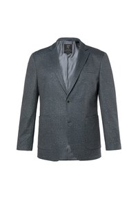 Blazer grigio testurizzato con rever a punta, chiusura con un bottone, due tasche frontali e foderato in satin morbido.
