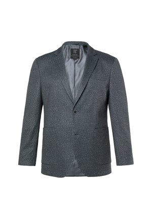 Grå tekstureret blazer med notched lapels, enkelt knaplukning, to forlommer og en glat satinforing.