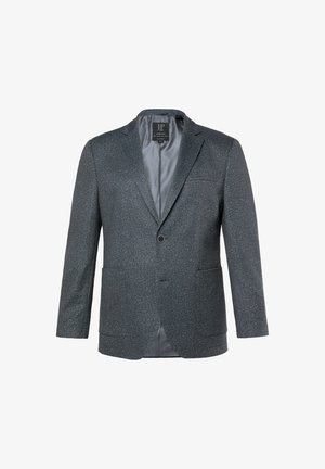 Blazer grigio testurizzato con rever a punta, chiusura con un bottone, due tasche frontali e foderato in satin morbido.