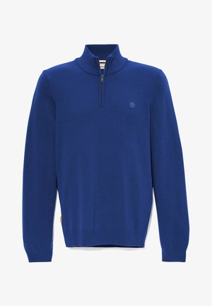 Pull-over en tricot bleu à manches longues avec fermeture éclair quart de longueur et col, poignets et ourlet côtelés. Petit logo embossé sur la poitrine gauche.