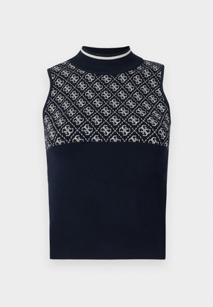 Top fără mâneci de culoare bleumarin, cu guler înalt, având o secțiune superioară cu model texturat în alb și o secțiune inferioară solidă bleumarin.