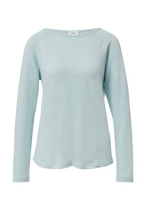 Lichtblauw langemouwen T-shirt met ronde hals en een licht gebogen zoom, gemaakt van zachte, lichte stof.