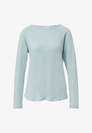 Lichtblauw langemouwen T-shirt met ronde hals en een licht gebogen zoom, gemaakt van zachte, lichte stof.