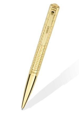 Zlata kemična pisala s prešitim vzorcem, sponko z gravuro "VERSACE" in emblemom Meduze na vrhu.