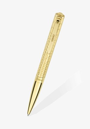 Penna a sfera dorata con motivo trapuntato, clip incisa con "VERSACE" ed emblema Medusa sulla parte superiore.