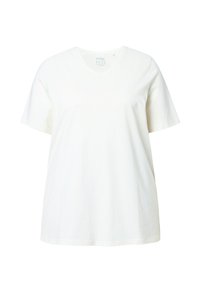 Bílý tričko s V výstřihem vyrobené z měkké bavlny, s krátkými rukávy a volným střihem. Hladká textura bez vzorů nebo akcentů.