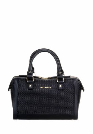 Sac à main noir avec surface texturée, fermeture éclair, double poignées supérieures et accents dorés. Présente le logo de la marque à l'avant.