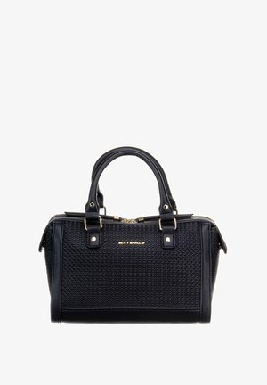 Sac à main noir avec surface texturée, fermeture éclair, double poignées supérieures et accents dorés. Présente le logo de la marque à l'avant.