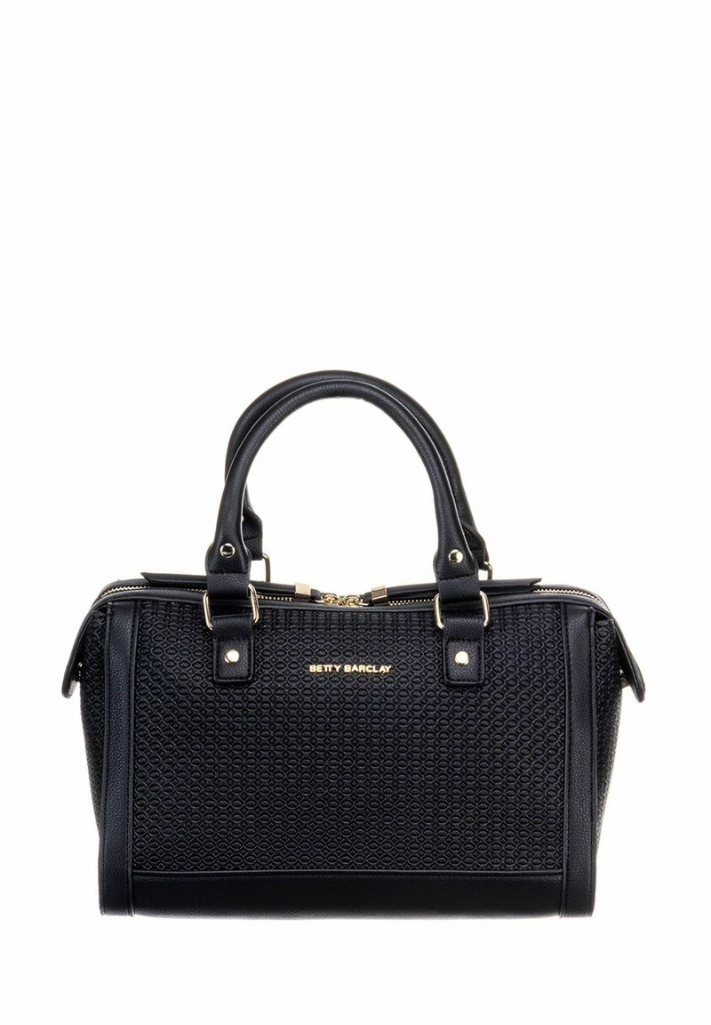Sac à main noir avec surface texturée, fermeture éclair, double poignées supérieures et accents dorés. Présente le logo de la marque à l'avant.