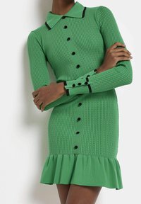 Robe verte côtelée avec un col, accents noirs, manches longues et une jupe évasée. Présente des boutons le long de l'avant. Tissu texturé.