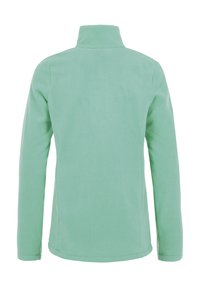 Giacca in pile verde con colletto alto, maniche lunghe e morbida texture. Il retro è liscio con dettagli di cucitura minimi.