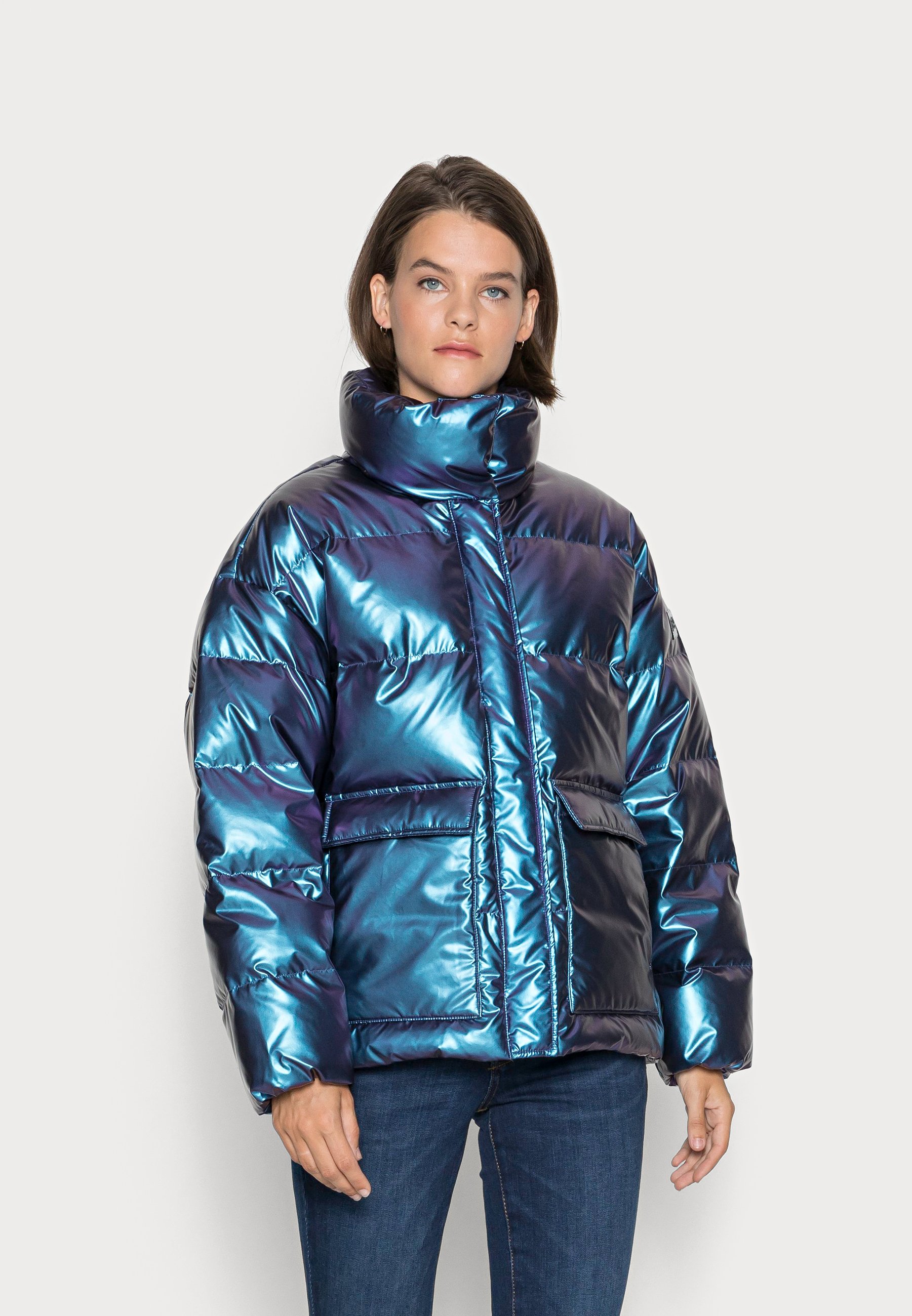 dark purple puffer jacket