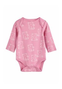 Rosa Langarm-Body mit weißen Teddy-Bär-Drucken, aus weichem Stoff gefertigt und mit Druckknöpfen am Boden für ein einfaches Ankleiden.