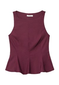 Top aderente senza maniche di colore prugna con scollatura rotonda e leggero rientro a peplo all'orlo.