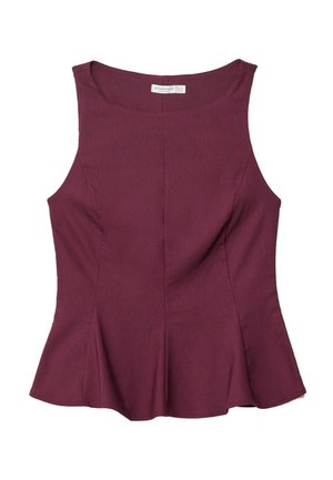 Top bez rukava u boji šljive, prilagođenog kroja s okruglim izrezom i blagim peplum detaljem na rubu.