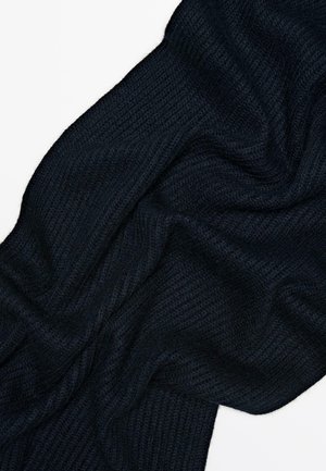Dark navy knitted blanket with a textured, ribbed pattern, draped naturally to show softness and flexibility.