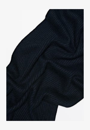 Dark navy knitted blanket with a textured, ribbed pattern, draped naturally to show softness and flexibility.